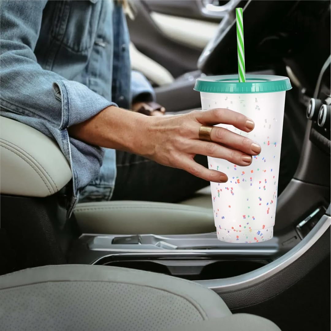 Color Changing Cups, 24oz Plastic Tumblers, Reusable Iced Coffee & Smoothie Cups with Lids and Straws for Parties and Travel (5 Change)