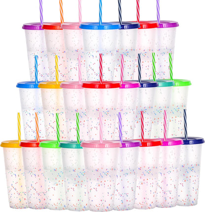 Color Changing Cups, 24oz Plastic Tumblers, Reusable Iced Coffee & Smoothie Cups with Lids and Straws for Parties and Travel (5 Change)