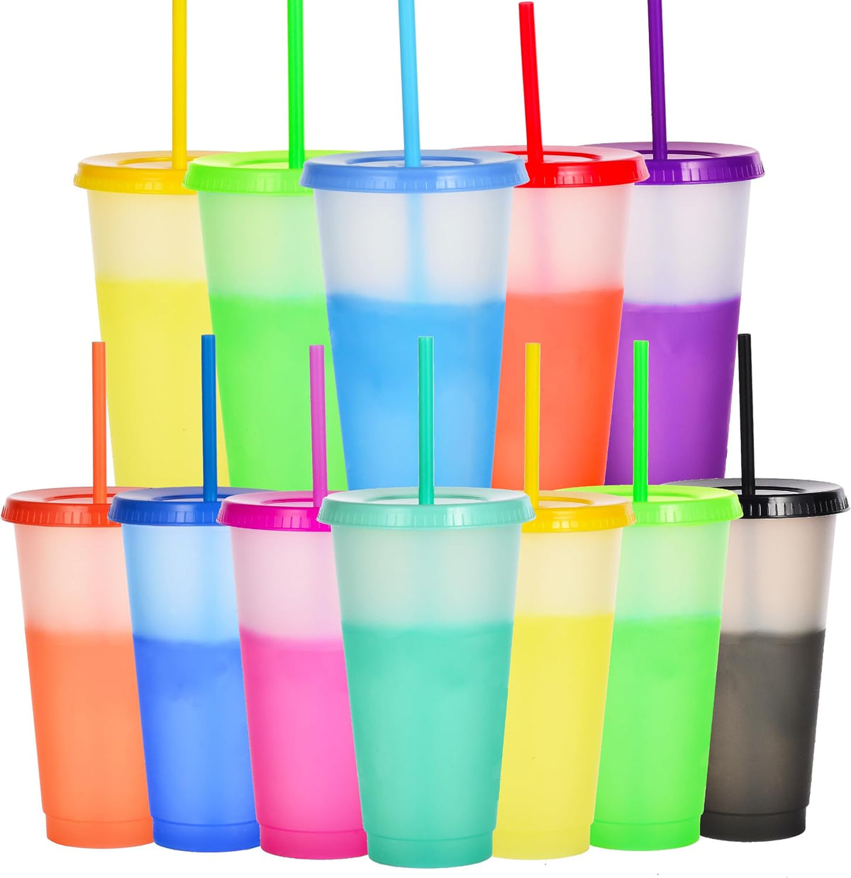 Color Changing Cups, 24oz Plastic Tumblers, Reusable Iced Coffee & Smoothie Cups with Lids and Straws for Parties and Travel (5 Change)