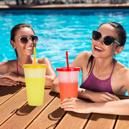 Color Changing Cups, 24oz Plastic Tumblers, Reusable Iced Coffee & Smoothie Cups with Lids and Straws for Parties and Travel (5 Change)