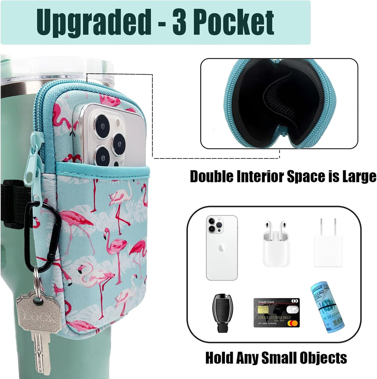 Water Bottle Pouch For Stanley cup accessories 40oz 20oz 30oz,tumbler pouch with Versatile Pocket, for Cards, Keys,Earphone. Fits for Phones, Use for Running, Walking, Hiking,Biking,DeepPink