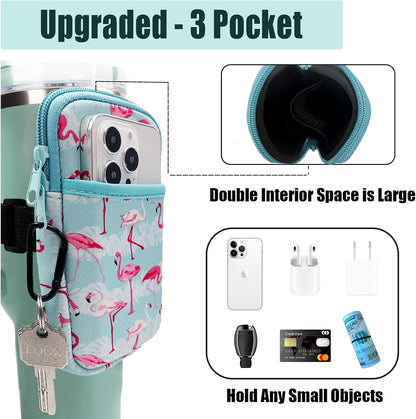 Water Bottle Pouch For Stanley cup accessories 40oz 20oz 30oz,tumbler pouch with Versatile Pocket, for Cards, Keys,Earphone. Fits for Phones, Use for Running, Walking, Hiking,Biking,DeepPink