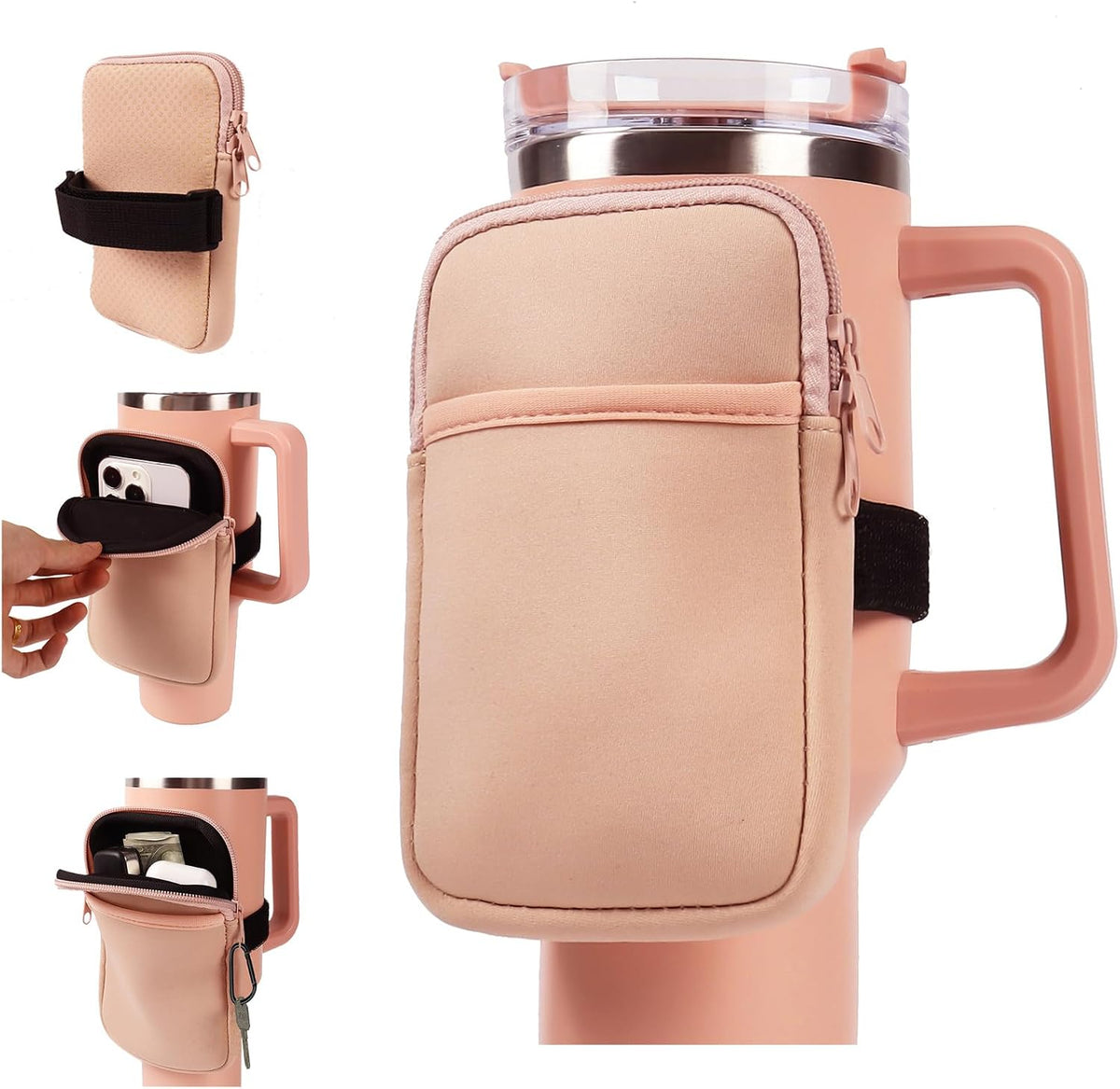 Water Bottle Pouch For Stanley cup accessories 40oz 20oz 30oz,tumbler pouch with Versatile Pocket, for Cards, Keys,Earphone. Fits for Phones, Use for Running, Walking, Hiking,Biking,DeepPink
