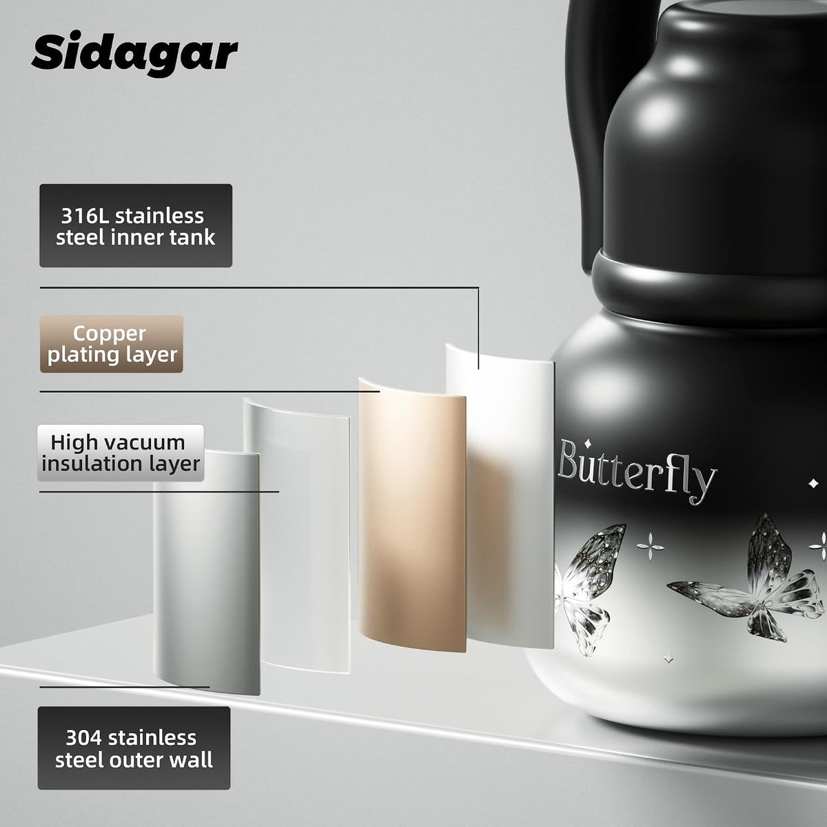 22 oz Leakproof Insulated Water Bottle with Straw & Handle Black