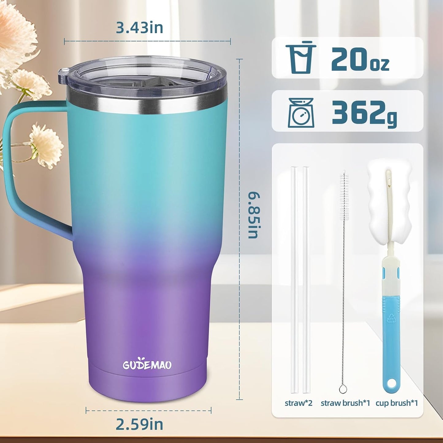 20 oz Insulated Coffee Mug with Ceramic Coating, Stainless Steel Travel Mug Tumbler with Handle Lid and Straw, Double Wall Leak-Proof Coffee Travel Mug Keeps Drink Hot and Cold (Purple blue)