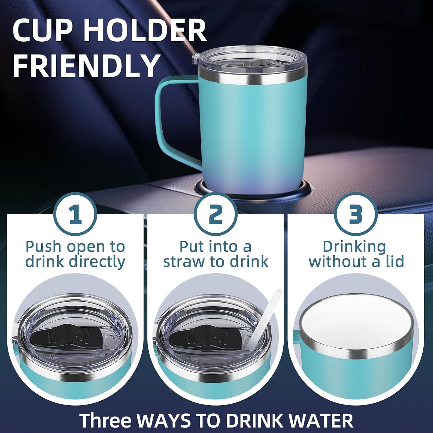 20 oz Insulated Coffee Mug with Ceramic Coating, Stainless Steel Travel Mug Tumbler with Handle Lid and Straw, Double Wall Leak-Proof Coffee Travel Mug Keeps Drink Hot and Cold (Purple blue)