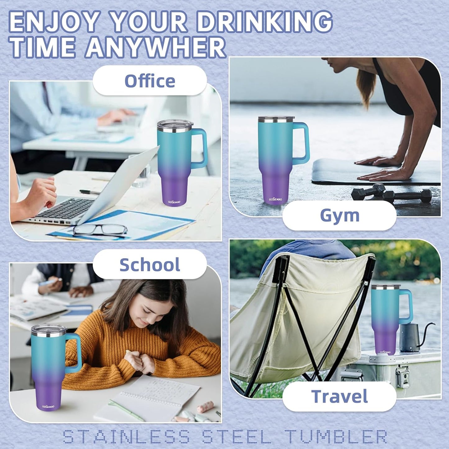 20 oz Insulated Coffee Mug with Ceramic Coating, Stainless Steel Travel Mug Tumbler with Handle Lid and Straw, Double Wall Leak-Proof Coffee Travel Mug Keeps Drink Hot and Cold (Purple blue)