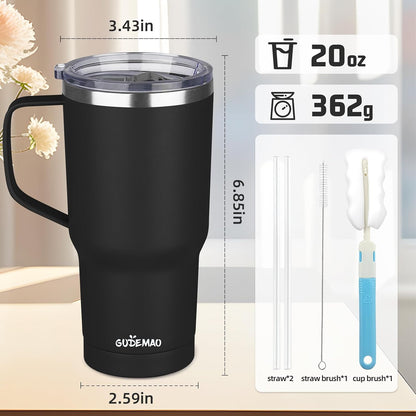20 oz Insulated Coffee Mug with Ceramic Coating, Stainless Steel Travel Mug Tumbler with Handle Lid and Straw, Double Wall Leak-Proof Coffee Travel Mug Keeps Drink Hot and Cold (Purple blue)