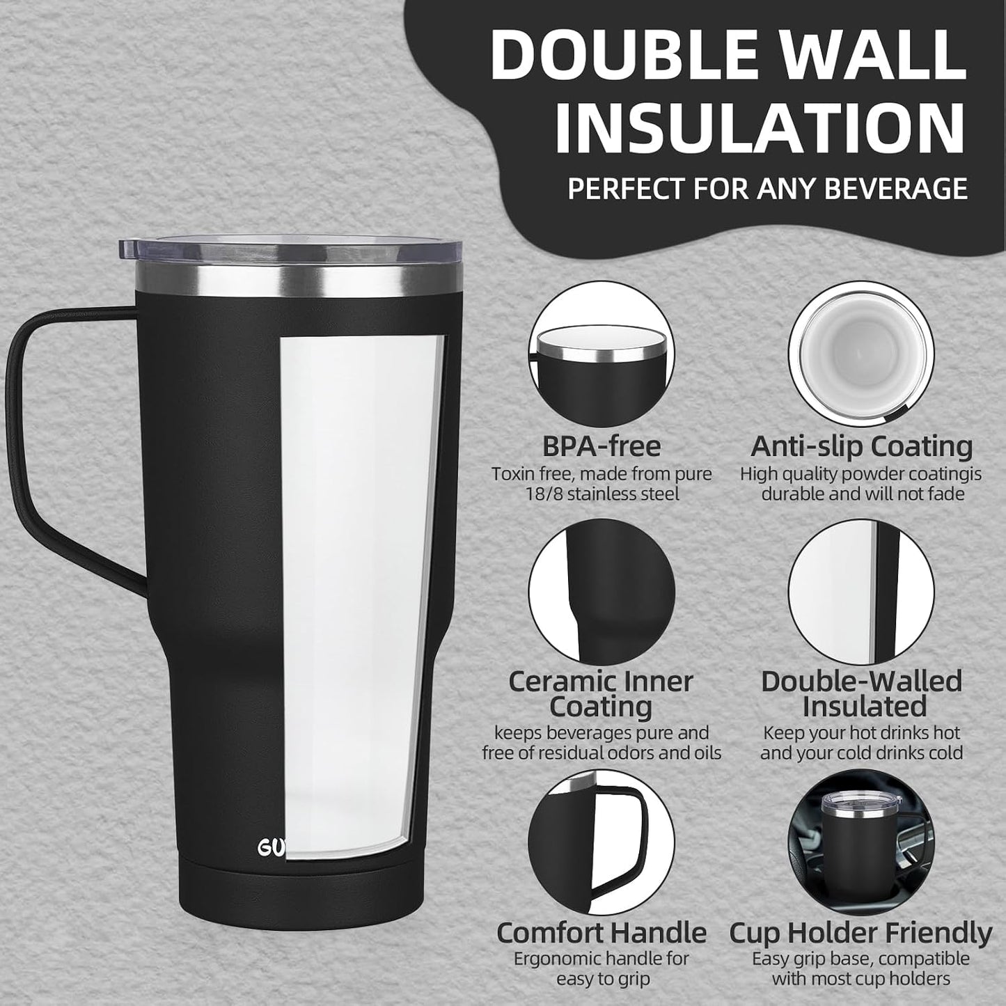 20 oz Insulated Coffee Mug with Ceramic Coating, Stainless Steel Travel Mug Tumbler with Handle Lid and Straw, Double Wall Leak-Proof Coffee Travel Mug Keeps Drink Hot and Cold (Purple blue)