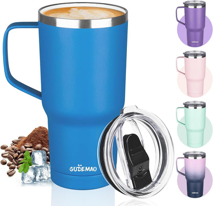 20 oz Insulated Coffee Mug with Ceramic Coating, Stainless Steel Travel Mug Tumbler with Handle Lid and Straw, Double Wall Leak-Proof Coffee Travel Mug Keeps Drink Hot and Cold (Purple blue)