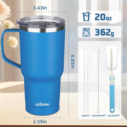 20 oz Insulated Coffee Mug with Ceramic Coating, Stainless Steel Travel Mug Tumbler with Handle Lid and Straw, Double Wall Leak-Proof Coffee Travel Mug Keeps Drink Hot and Cold (Purple blue)
