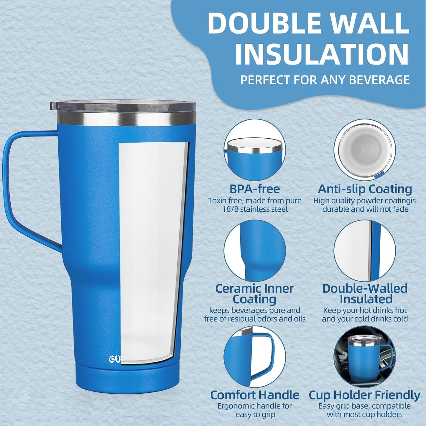 20 oz Insulated Coffee Mug with Ceramic Coating, Stainless Steel Travel Mug Tumbler with Handle Lid and Straw, Double Wall Leak-Proof Coffee Travel Mug Keeps Drink Hot and Cold (Purple blue)
