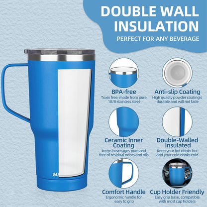 20 oz Insulated Coffee Mug with Ceramic Coating, Stainless Steel Travel Mug Tumbler with Handle Lid and Straw, Double Wall Leak-Proof Coffee Travel Mug Keeps Drink Hot and Cold (Purple blue)