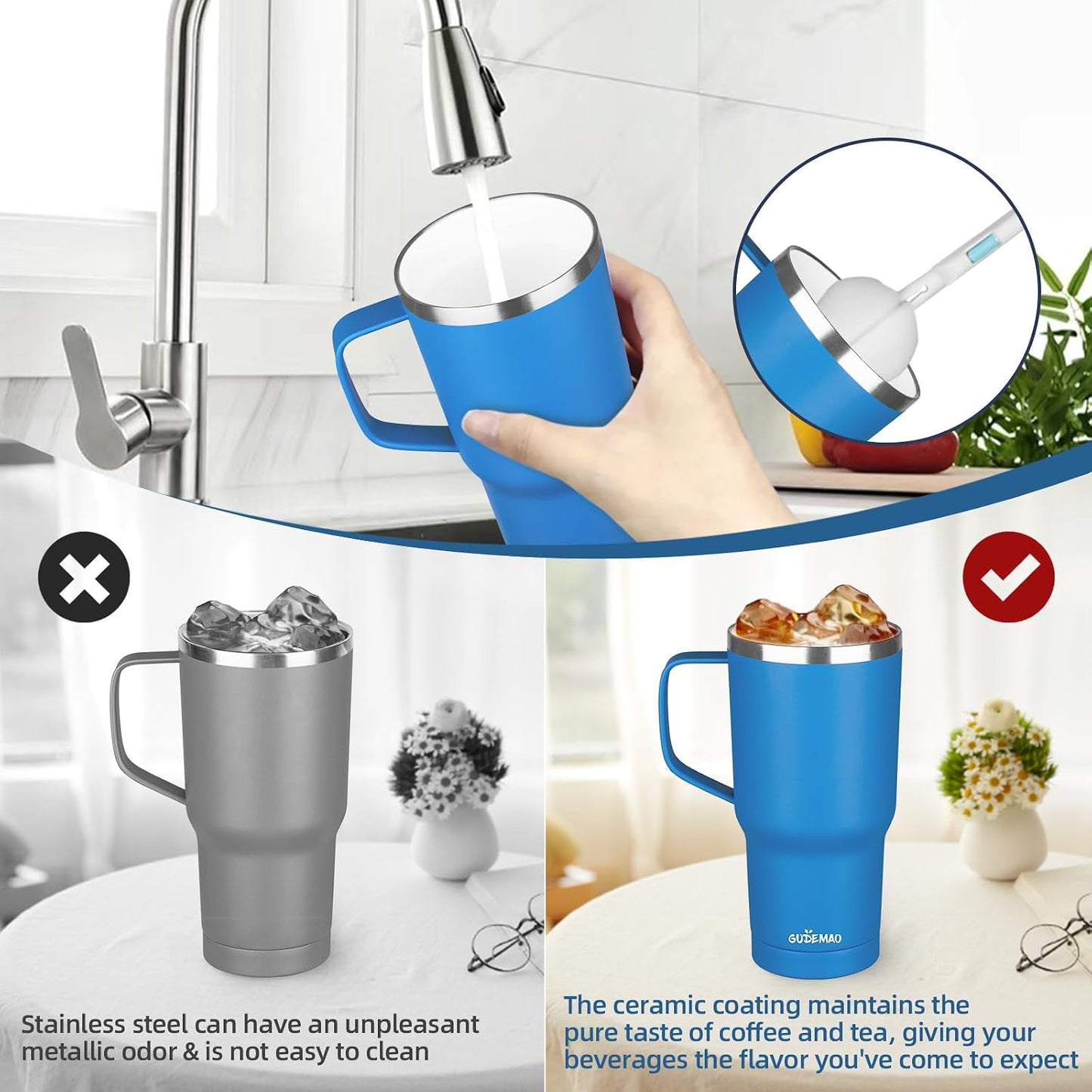 20 oz Insulated Coffee Mug with Ceramic Coating, Stainless Steel Travel Mug Tumbler with Handle Lid and Straw, Double Wall Leak-Proof Coffee Travel Mug Keeps Drink Hot and Cold (Purple blue)