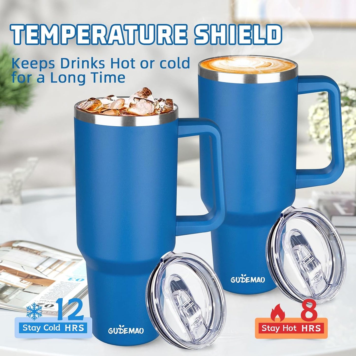 20 oz Insulated Coffee Mug with Ceramic Coating, Stainless Steel Travel Mug Tumbler with Handle Lid and Straw, Double Wall Leak-Proof Coffee Travel Mug Keeps Drink Hot and Cold (Purple blue)