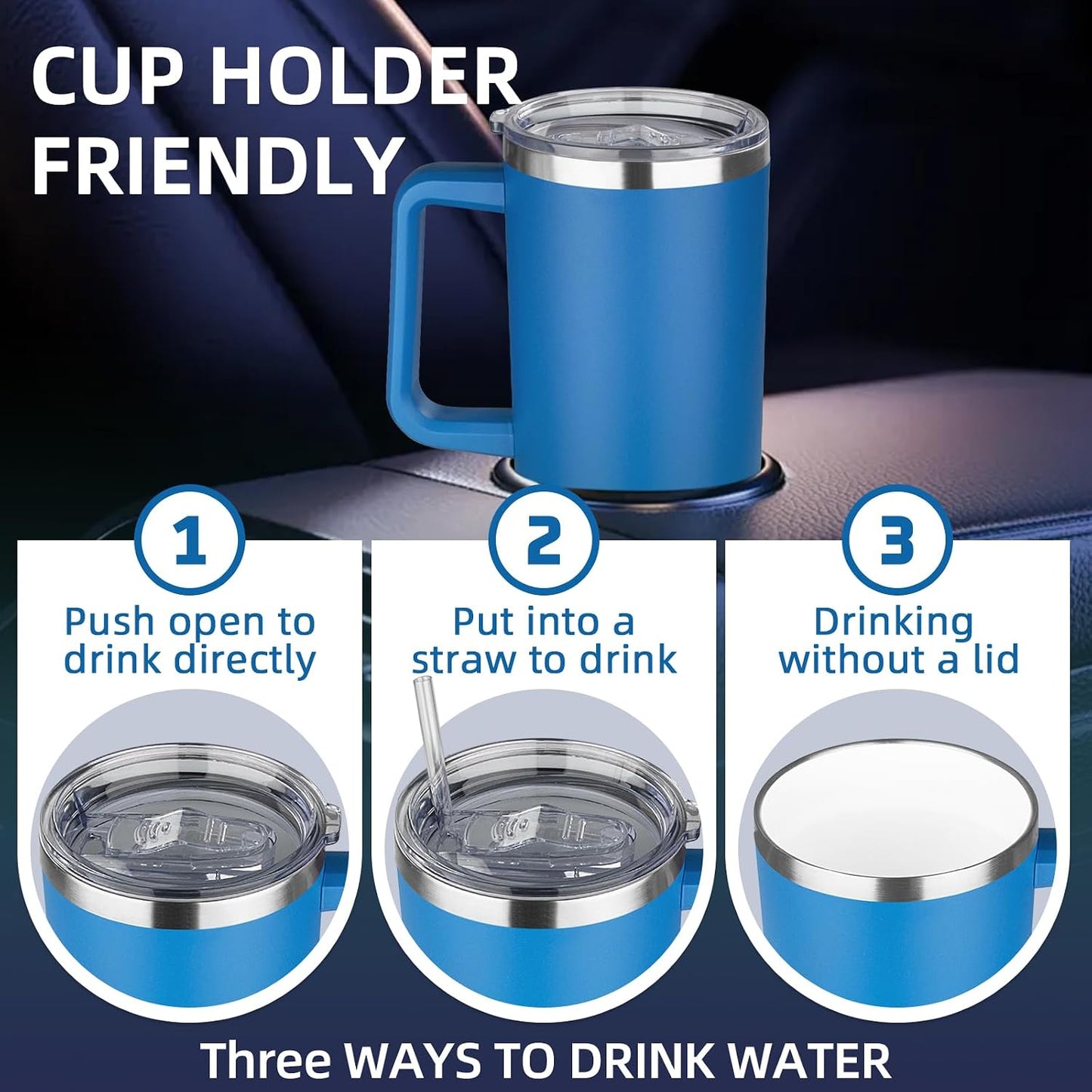 20 oz Insulated Coffee Mug with Ceramic Coating, Stainless Steel Travel Mug Tumbler with Handle Lid and Straw, Double Wall Leak-Proof Coffee Travel Mug Keeps Drink Hot and Cold (Purple blue)