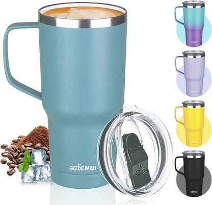 20 oz Insulated Coffee Mug with Ceramic Coating, Stainless Steel Travel Mug Tumbler with Handle Lid and Straw, Double Wall Leak-Proof Coffee Travel Mug Keeps Drink Hot and Cold (Purple blue)