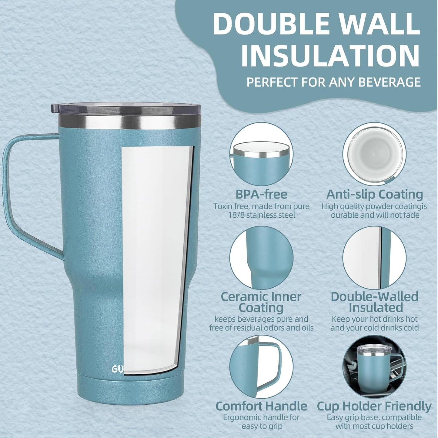 20 oz Insulated Coffee Mug with Ceramic Coating, Stainless Steel Travel Mug Tumbler with Handle Lid and Straw, Double Wall Leak-Proof Coffee Travel Mug Keeps Drink Hot and Cold (Purple blue)