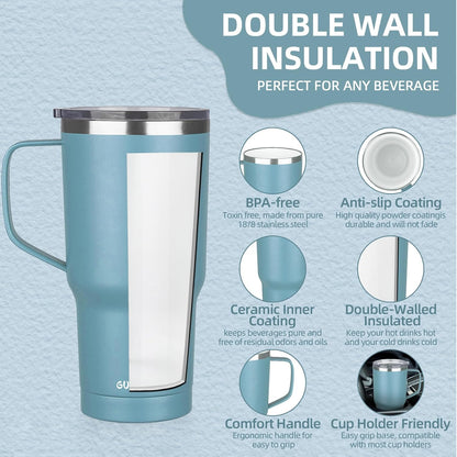 20 oz Insulated Coffee Mug with Ceramic Coating, Stainless Steel Travel Mug Tumbler with Handle Lid and Straw, Double Wall Leak-Proof Coffee Travel Mug Keeps Drink Hot and Cold (Purple blue)