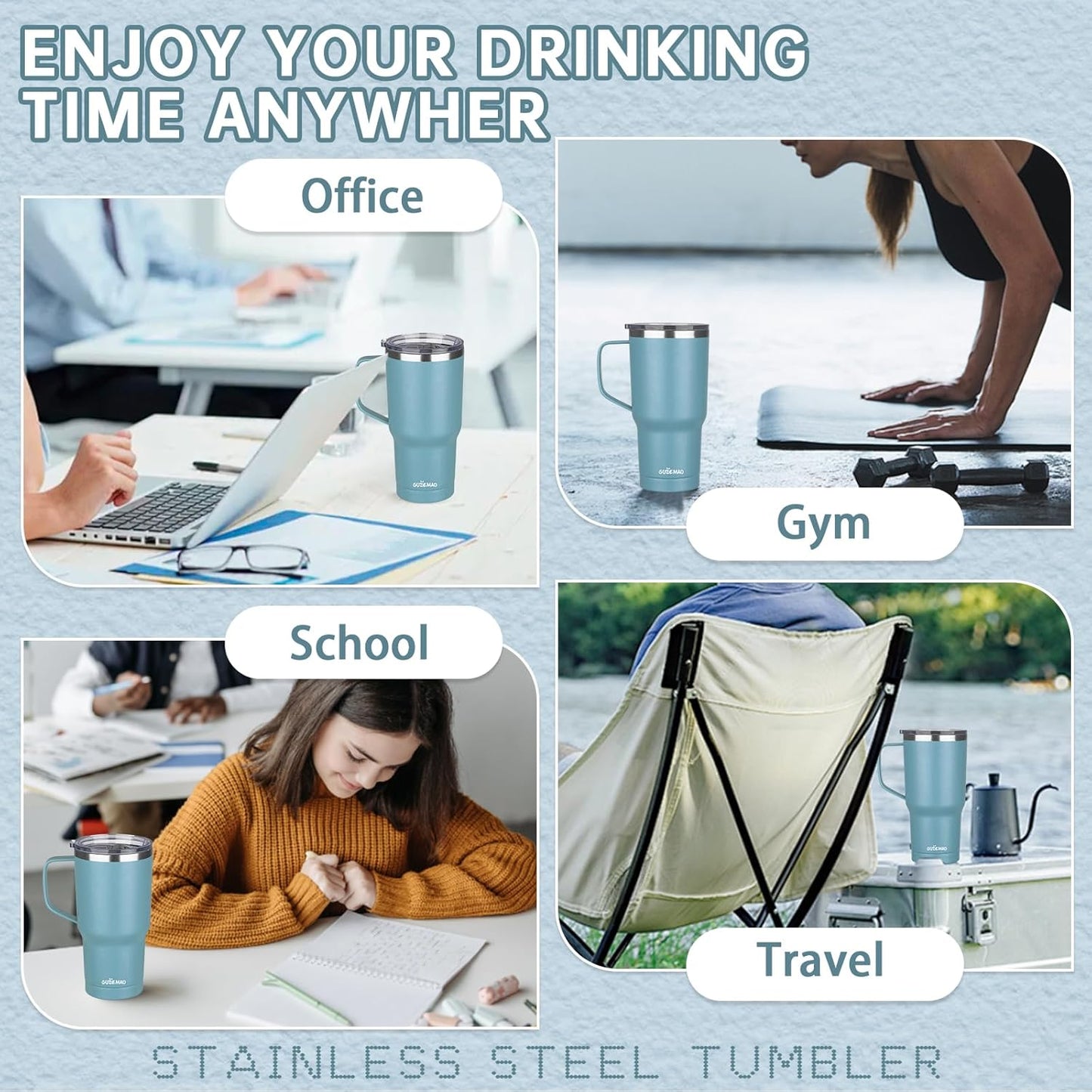 20 oz Insulated Coffee Mug with Ceramic Coating, Stainless Steel Travel Mug Tumbler with Handle Lid and Straw, Double Wall Leak-Proof Coffee Travel Mug Keeps Drink Hot and Cold (Purple blue)