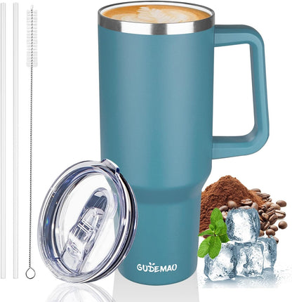 20 oz Insulated Coffee Mug with Ceramic Coating, Stainless Steel Travel Mug Tumbler with Handle Lid and Straw, Double Wall Leak-Proof Coffee Travel Mug Keeps Drink Hot and Cold (Purple blue)