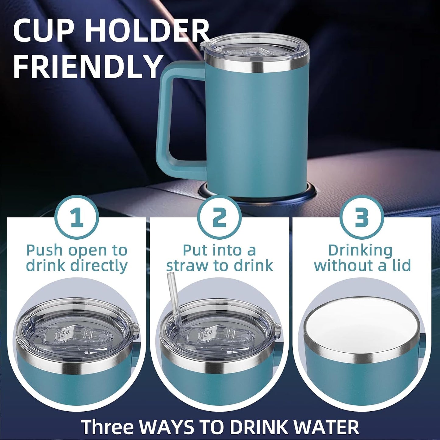 20 oz Insulated Coffee Mug with Ceramic Coating, Stainless Steel Travel Mug Tumbler with Handle Lid and Straw, Double Wall Leak-Proof Coffee Travel Mug Keeps Drink Hot and Cold (Purple blue)