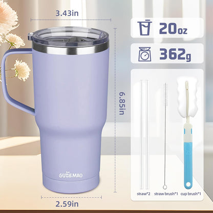 20 oz Insulated Coffee Mug with Ceramic Coating, Stainless Steel Travel Mug Tumbler with Handle Lid and Straw, Double Wall Leak-Proof Coffee Travel Mug Keeps Drink Hot and Cold (Purple blue)