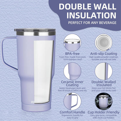 20 oz Insulated Coffee Mug with Ceramic Coating, Stainless Steel Travel Mug Tumbler with Handle Lid and Straw, Double Wall Leak-Proof Coffee Travel Mug Keeps Drink Hot and Cold (Purple blue)