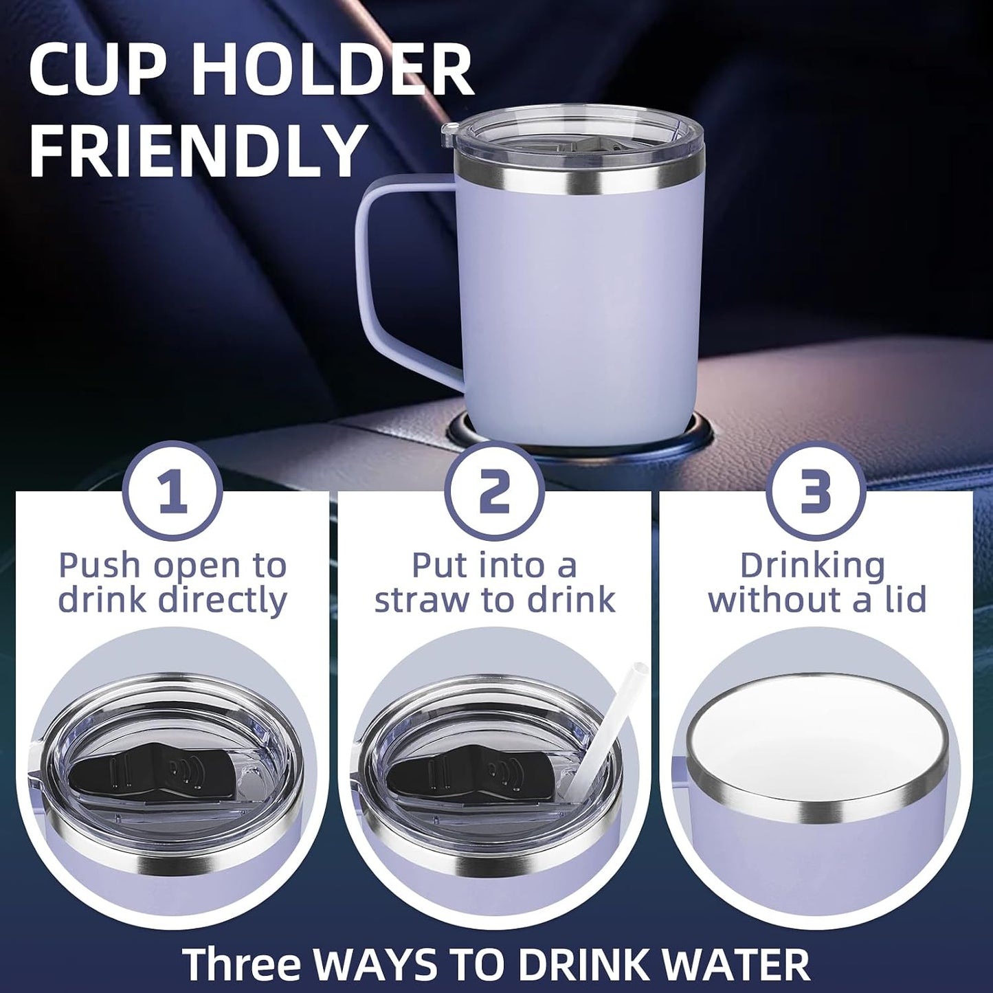 20 oz Insulated Coffee Mug with Ceramic Coating, Stainless Steel Travel Mug Tumbler with Handle Lid and Straw, Double Wall Leak-Proof Coffee Travel Mug Keeps Drink Hot and Cold (Purple blue)
