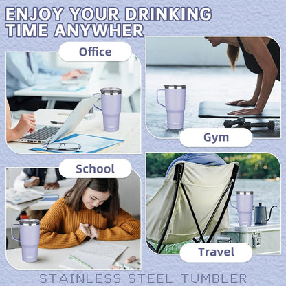 20 oz Insulated Coffee Mug with Ceramic Coating, Stainless Steel Travel Mug Tumbler with Handle Lid and Straw, Double Wall Leak-Proof Coffee Travel Mug Keeps Drink Hot and Cold (Purple blue)