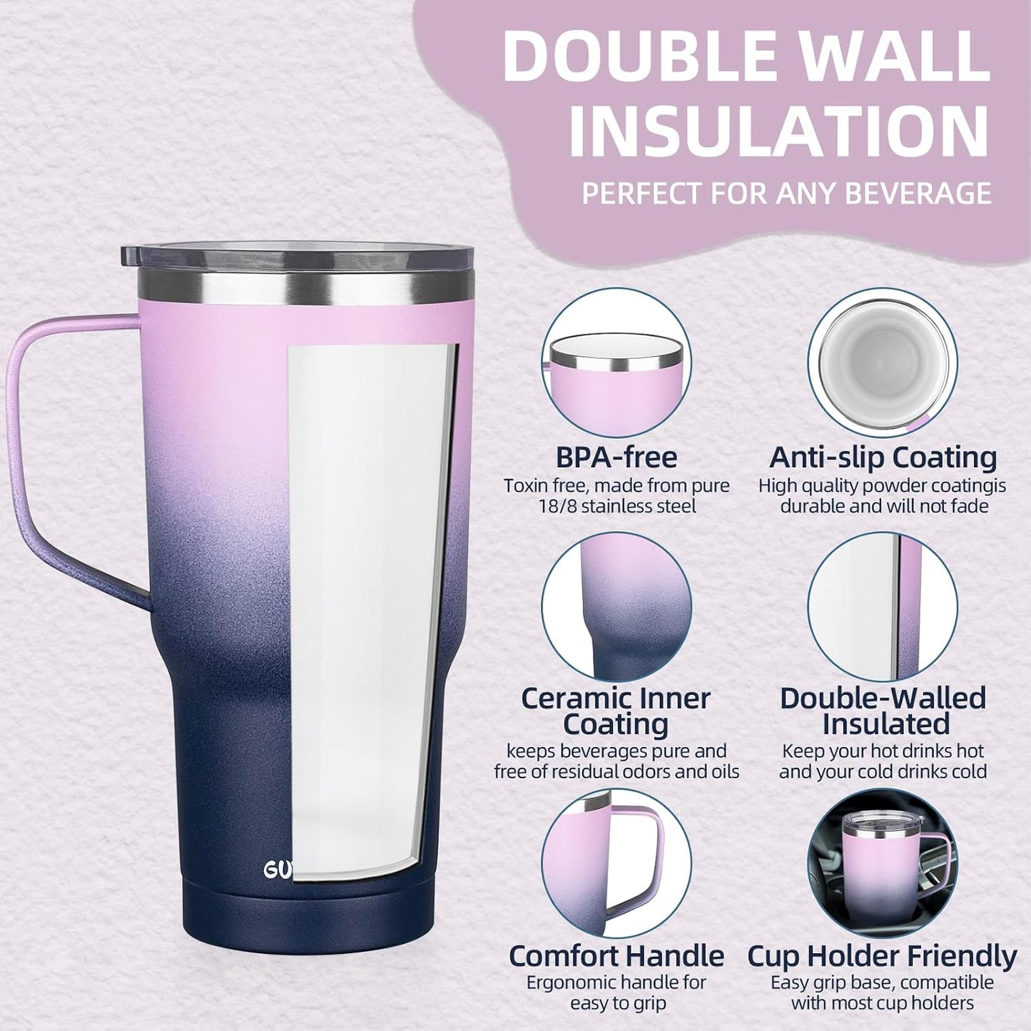 20 oz Insulated Coffee Mug with Ceramic Coating, Stainless Steel Travel Mug Tumbler with Handle Lid and Straw, Double Wall Leak-Proof Coffee Travel Mug Keeps Drink Hot and Cold (Purple blue)