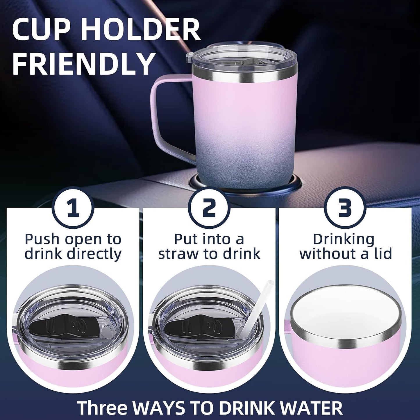 20 oz Insulated Coffee Mug with Ceramic Coating, Stainless Steel Travel Mug Tumbler with Handle Lid and Straw, Double Wall Leak-Proof Coffee Travel Mug Keeps Drink Hot and Cold (Purple blue)