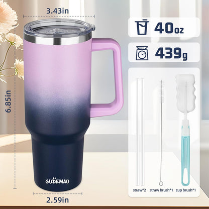 20 oz Insulated Coffee Mug with Ceramic Coating, Stainless Steel Travel Mug Tumbler with Handle Lid and Straw, Double Wall Leak-Proof Coffee Travel Mug Keeps Drink Hot and Cold (Purple blue)