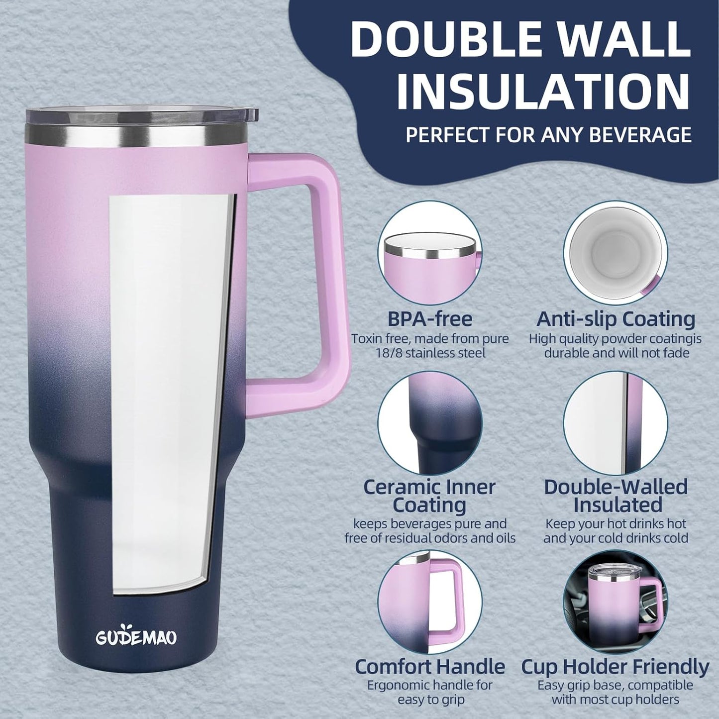 20 oz Insulated Coffee Mug with Ceramic Coating, Stainless Steel Travel Mug Tumbler with Handle Lid and Straw, Double Wall Leak-Proof Coffee Travel Mug Keeps Drink Hot and Cold (Purple blue)