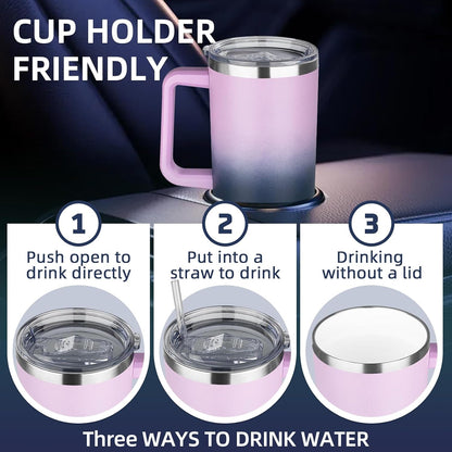 20 oz Insulated Coffee Mug with Ceramic Coating, Stainless Steel Travel Mug Tumbler with Handle Lid and Straw, Double Wall Leak-Proof Coffee Travel Mug Keeps Drink Hot and Cold (Purple blue)