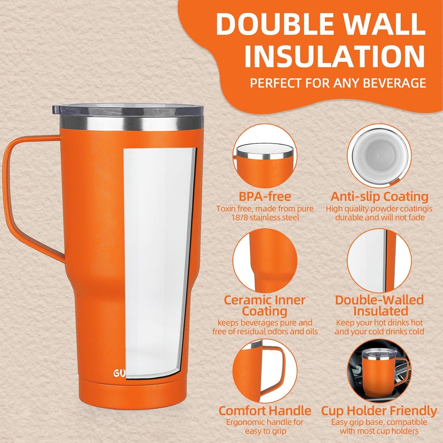 20 oz Insulated Coffee Mug with Ceramic Coating, Stainless Steel Travel Mug Tumbler with Handle Lid and Straw, Double Wall Leak-Proof Coffee Travel Mug Keeps Drink Hot and Cold (Purple blue)
