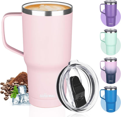20 oz Insulated Coffee Mug with Ceramic Coating, Stainless Steel Travel Mug Tumbler with Handle Lid and Straw, Double Wall Leak-Proof Coffee Travel Mug Keeps Drink Hot and Cold (Purple blue)