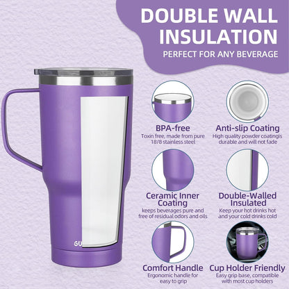 20 oz Insulated Coffee Mug with Ceramic Coating, Stainless Steel Travel Mug Tumbler with Handle Lid and Straw, Double Wall Leak-Proof Coffee Travel Mug Keeps Drink Hot and Cold (Purple blue)
