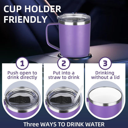 20 oz Insulated Coffee Mug with Ceramic Coating, Stainless Steel Travel Mug Tumbler with Handle Lid and Straw, Double Wall Leak-Proof Coffee Travel Mug Keeps Drink Hot and Cold (Purple blue)