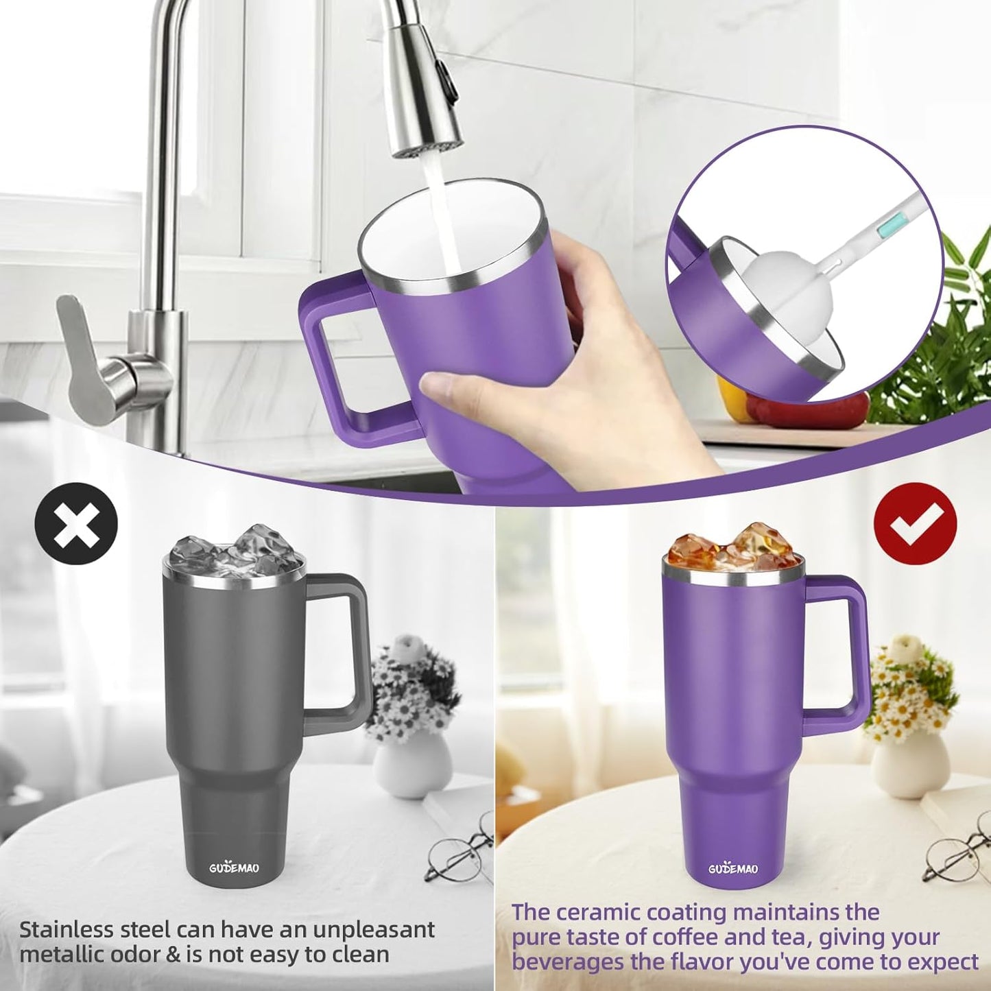 20 oz Insulated Coffee Mug with Ceramic Coating, Stainless Steel Travel Mug Tumbler with Handle Lid and Straw, Double Wall Leak-Proof Coffee Travel Mug Keeps Drink Hot and Cold (Purple blue)