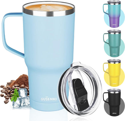 20 oz Insulated Coffee Mug with Ceramic Coating, Stainless Steel Travel Mug Tumbler with Handle Lid and Straw, Double Wall Leak-Proof Coffee Travel Mug Keeps Drink Hot and Cold (Purple blue)
