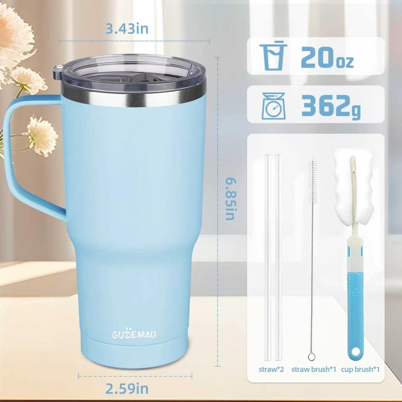 20 oz Insulated Coffee Mug with Ceramic Coating, Stainless Steel Travel Mug Tumbler with Handle Lid and Straw, Double Wall Leak-Proof Coffee Travel Mug Keeps Drink Hot and Cold (Purple blue)