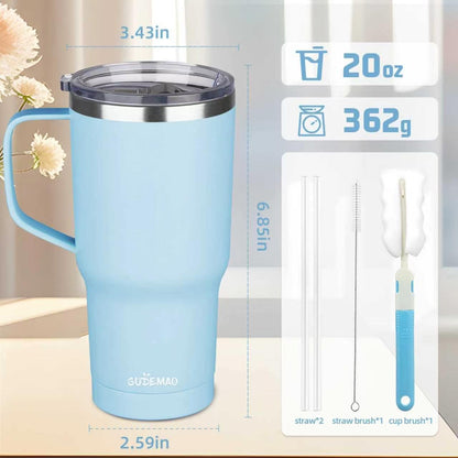 20 oz Insulated Coffee Mug with Ceramic Coating, Stainless Steel Travel Mug Tumbler with Handle Lid and Straw, Double Wall Leak-Proof Coffee Travel Mug Keeps Drink Hot and Cold (Purple blue)
