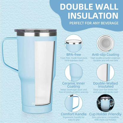 20 oz Insulated Coffee Mug with Ceramic Coating, Stainless Steel Travel Mug Tumbler with Handle Lid and Straw, Double Wall Leak-Proof Coffee Travel Mug Keeps Drink Hot and Cold (Purple blue)