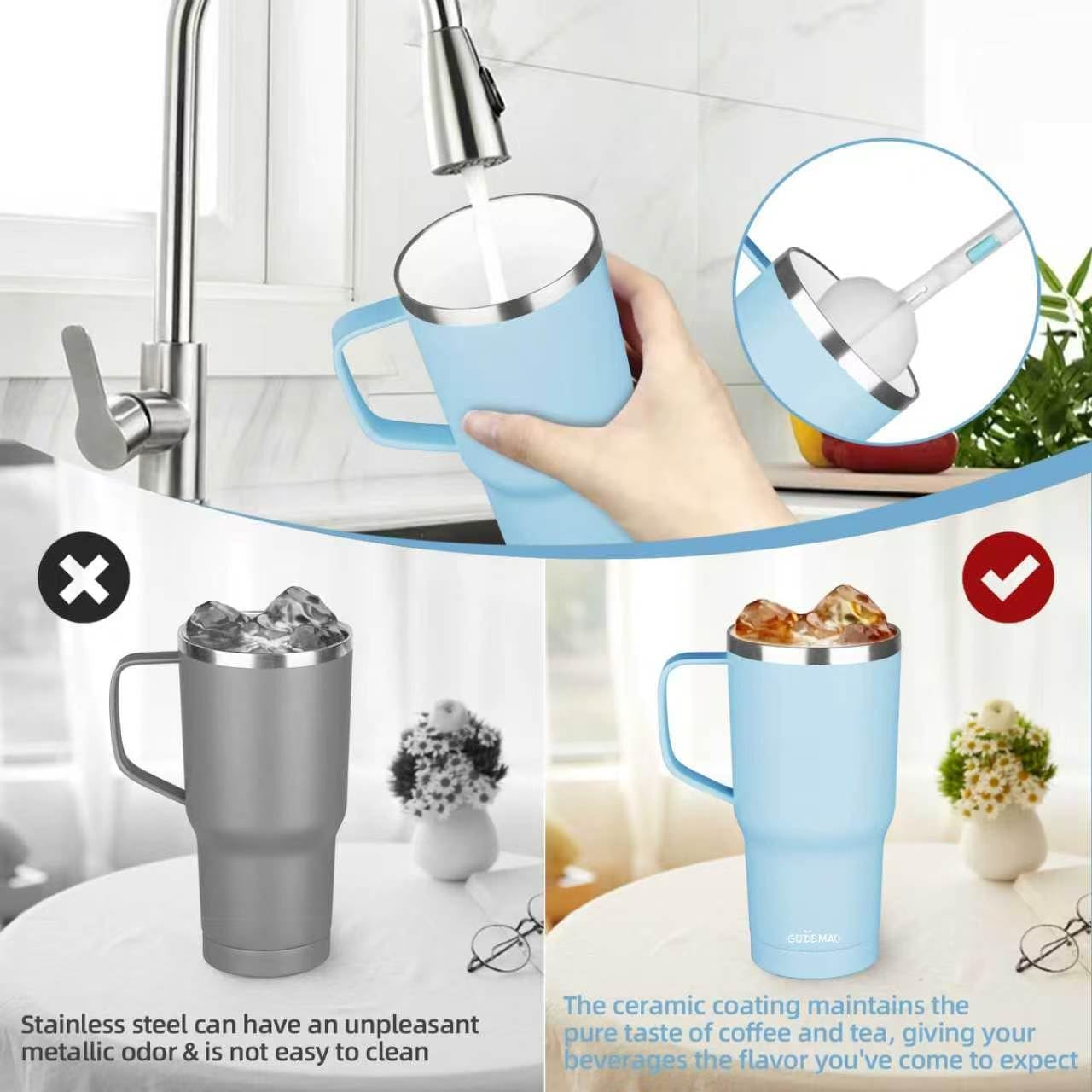 20 oz Insulated Coffee Mug with Ceramic Coating, Stainless Steel Travel Mug Tumbler with Handle Lid and Straw, Double Wall Leak-Proof Coffee Travel Mug Keeps Drink Hot and Cold (Purple blue)