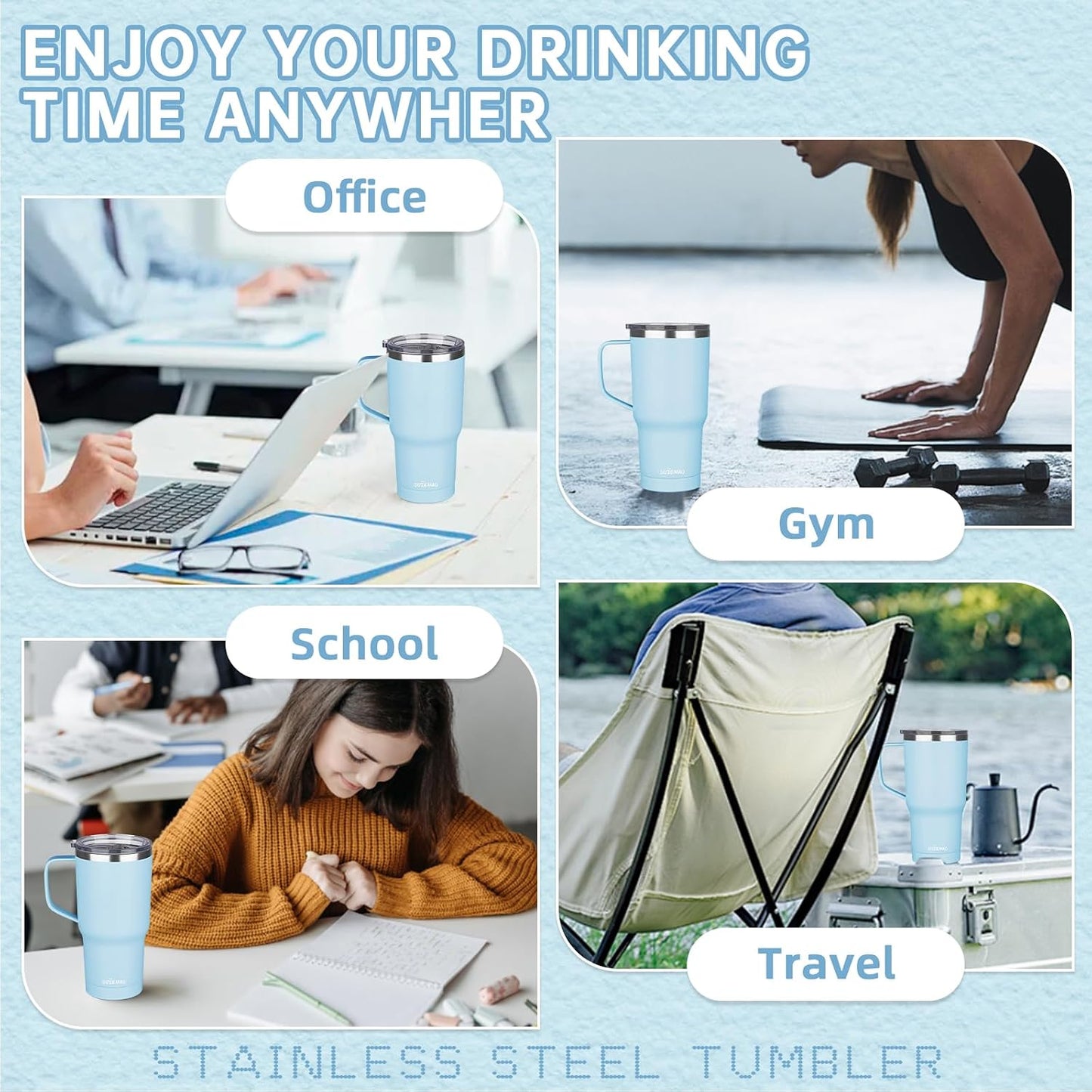 20 oz Insulated Coffee Mug with Ceramic Coating, Stainless Steel Travel Mug Tumbler with Handle Lid and Straw, Double Wall Leak-Proof Coffee Travel Mug Keeps Drink Hot and Cold (Purple blue)