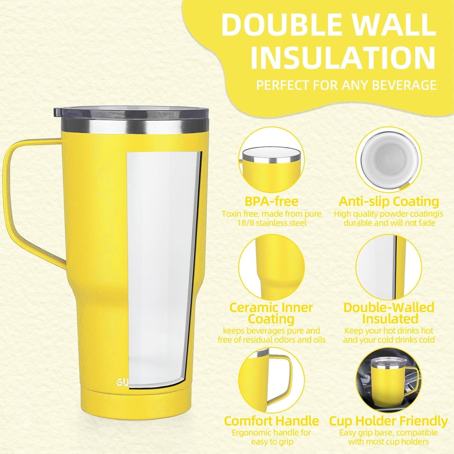 20 oz Insulated Coffee Mug with Ceramic Coating, Stainless Steel Travel Mug Tumbler with Handle Lid and Straw, Double Wall Leak-Proof Coffee Travel Mug Keeps Drink Hot and Cold (Purple blue)