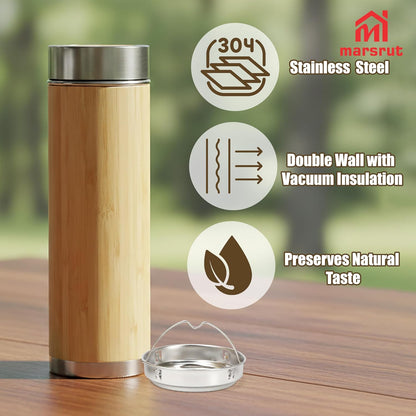 Bamboo Tea Infuser, Insulated Water Bottle, 17oz Reusable Travel Mug, Leak Proof Tumbler, Double-walled Stainless Steel Cup with Lid Keeps Hot & Cold Drinks Beverages, for Loose Tea, Coffee, Gift Set