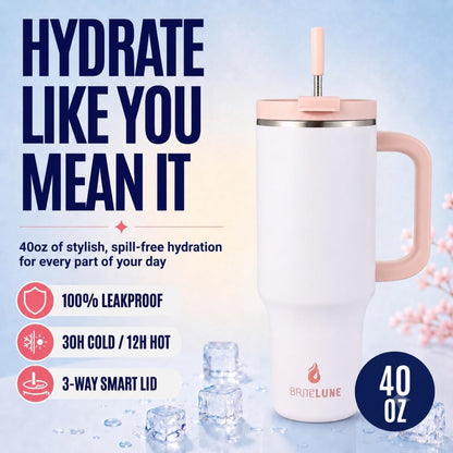 40 oz Tumbler with Handle & Straw 100% Leakproof & Insulated