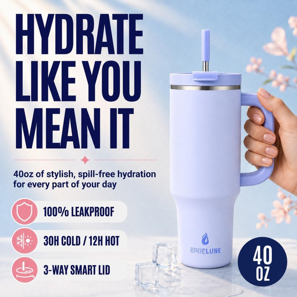 40 oz Tumbler with Handle & Straw 100% Leakproof & Insulated